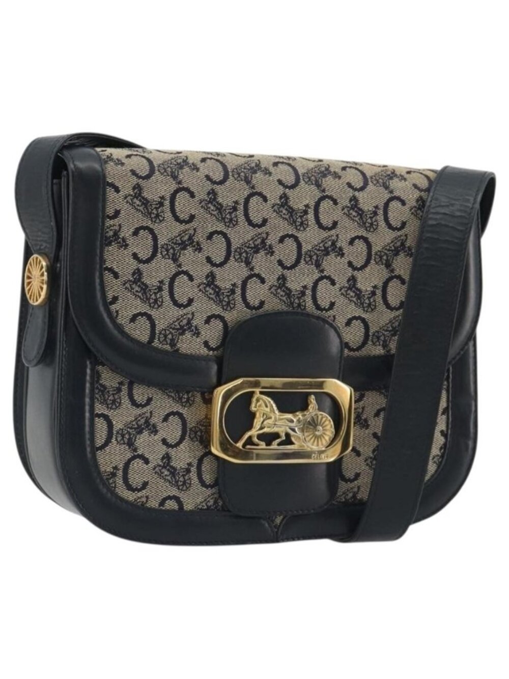 Authentic CELINE C Sulky Shoulder Bag Canvas Black Gold
